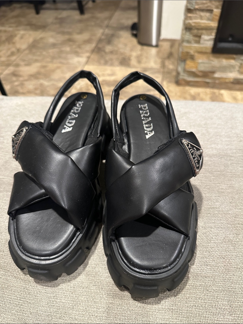 Prada Black Crisscross Leather Platform Sandals